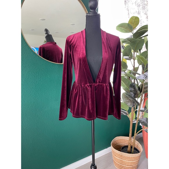 ModCloth Velvet Peplum Top‎ Womens XS Burgundy Long Sleeve Witchy Whimsygoth - Picture 1 of 8